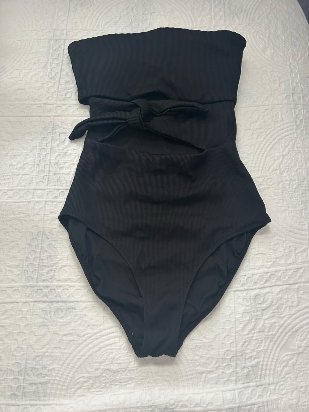 AERIE Black Ribbed One-Piece Swimsuit with Front Tie Detail